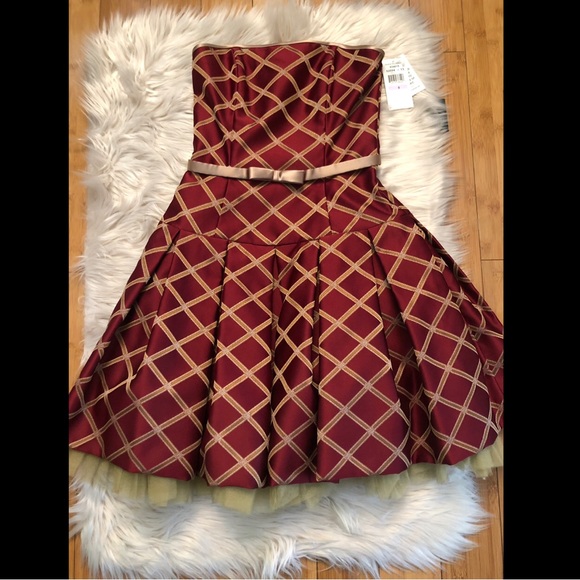 Y2K Jessica McClintock Metallic Gold Burgundy Plaid Strapless Prom Dress size 6 - Picture 1 of 11